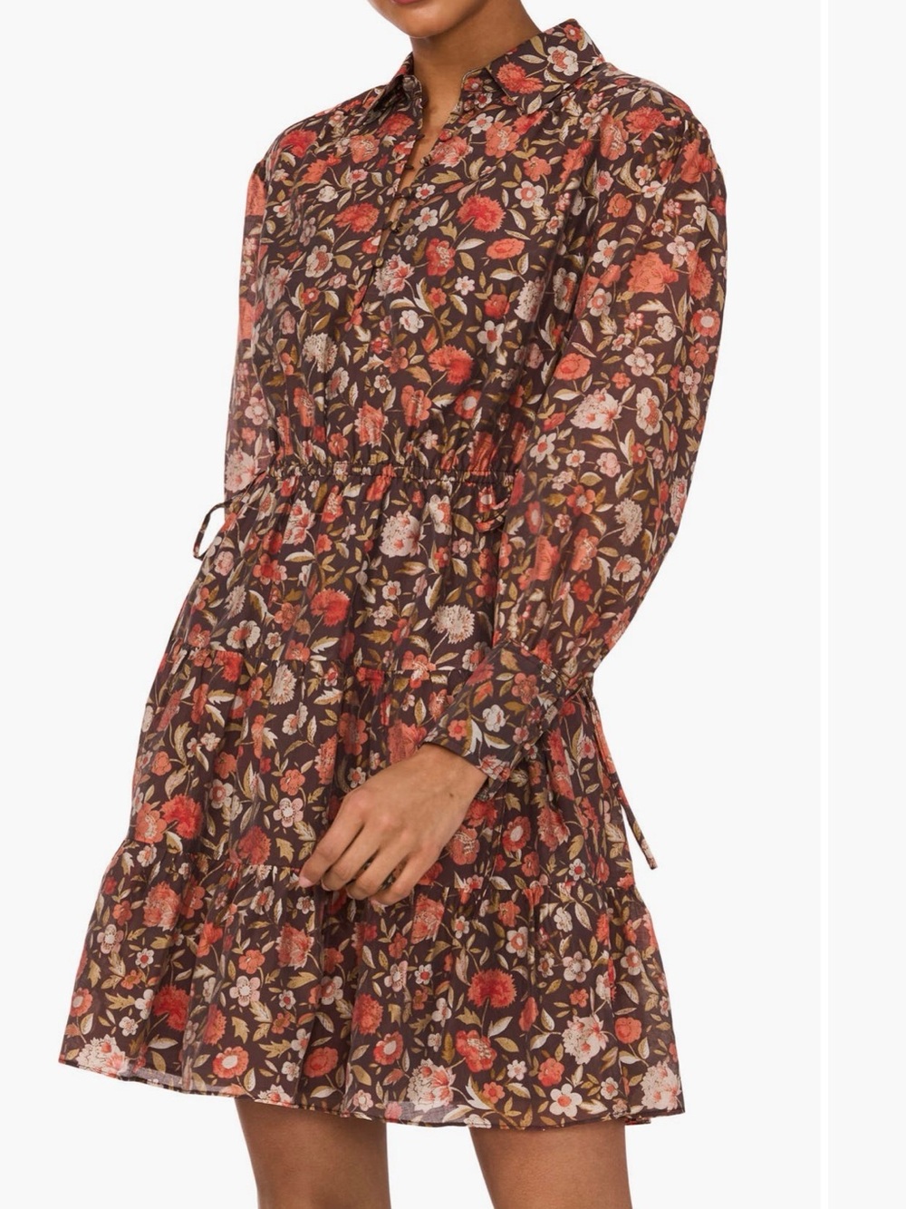 1.STATE Paisley Floral Tiered Dress Rust Orange Long Sleeve Ruffle Neck NEW L